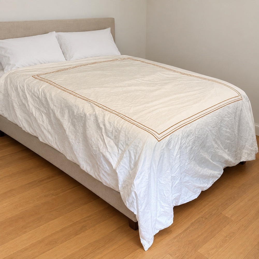 Serena & Lily Border Frame Sateen Duvet Cover King White Gold Embroidered Cotton